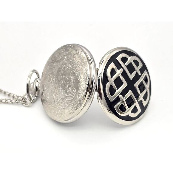 Celtic Knot Pocket Watch - Elegant Black Enamel Face with Silver Design Gift - Picture 3 of 9
